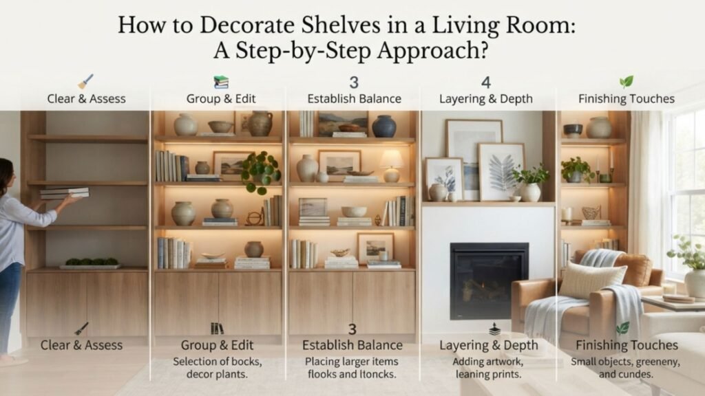 How to Decorate Shelves in a Living Room: A Step-by-Step Approach?