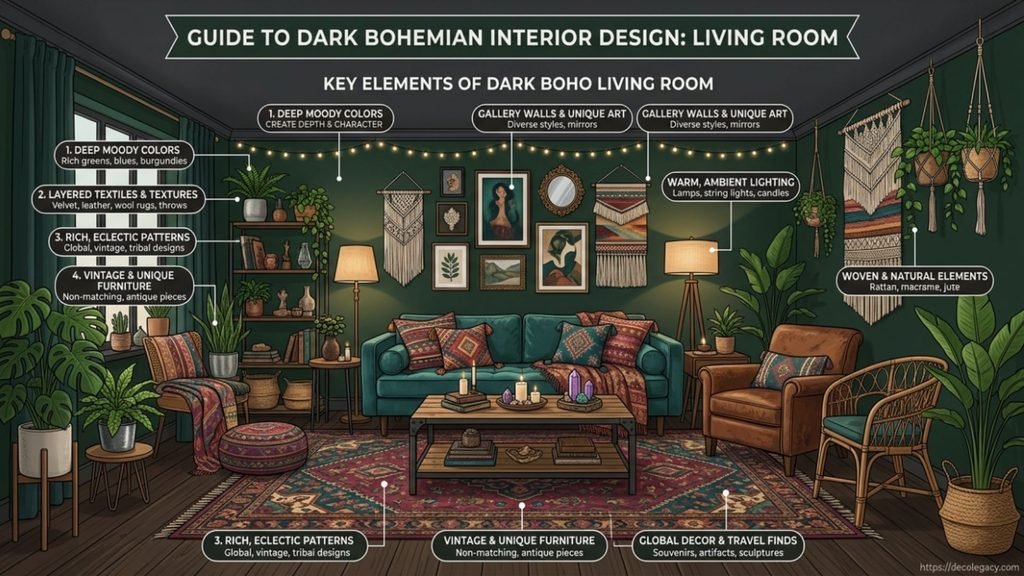 dark bohemian interior design for living room